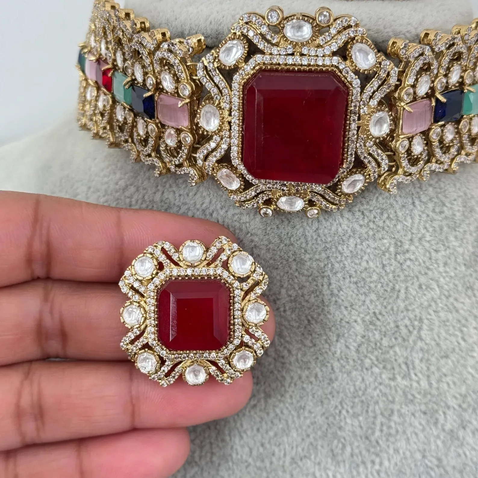 Multi Victorian Doublet Moissanite polki CZ  diamond choker Necklace