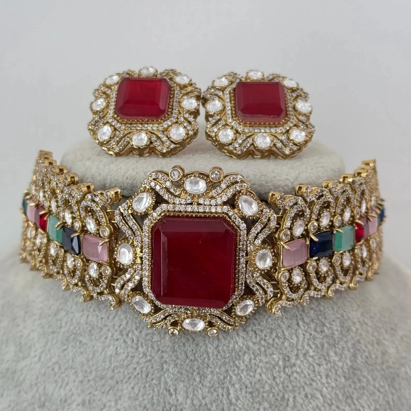 Multi Victorian Doublet Moissanite polki CZ  diamond choker Necklace